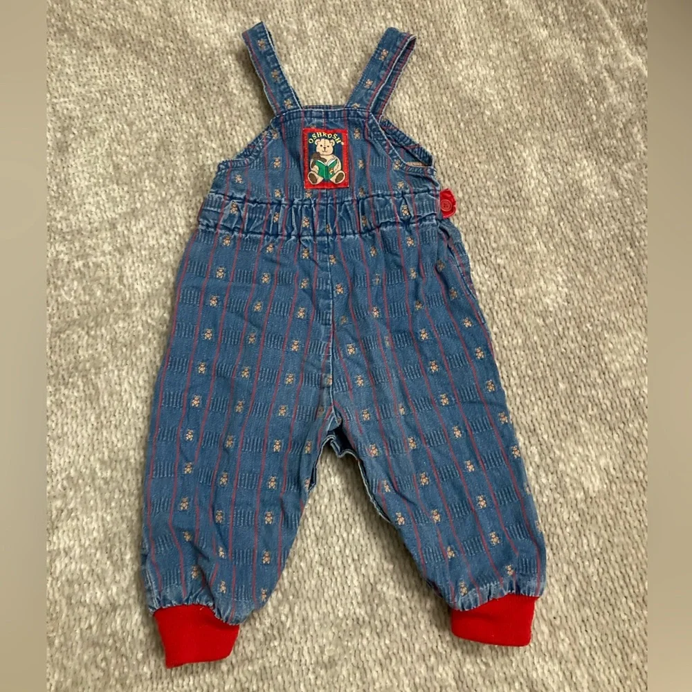 Vintage OshKosh B’Gosh Teddy‎ Bear Overalls 24M Denim Striped USA Made